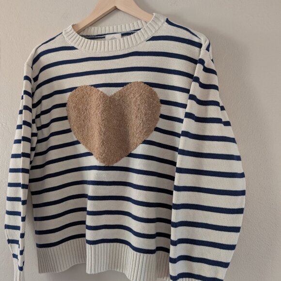 St. John's Bay Navy White Stripe Sweater Brown Boucle Heart Cottagecore Size PXL - Picture 3 of 13